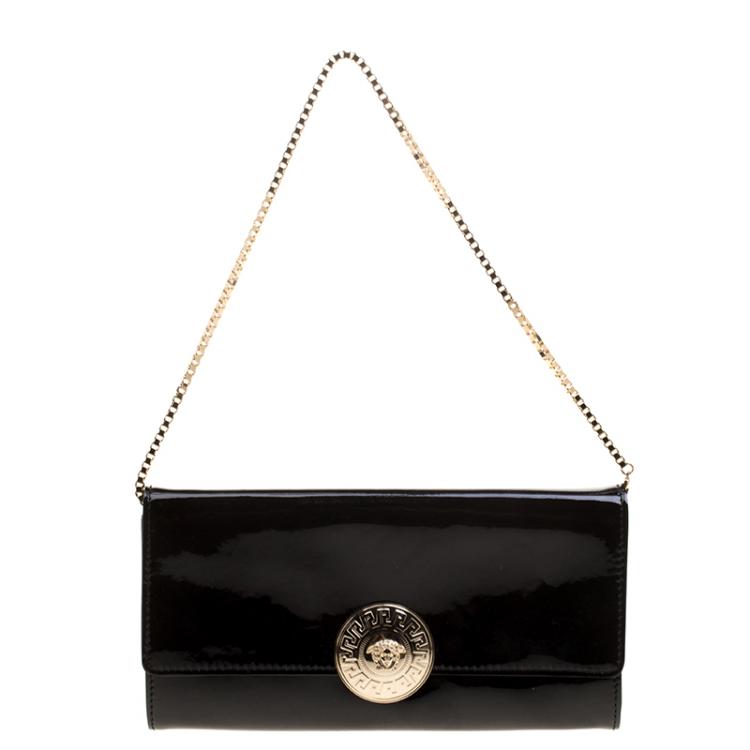 Pre Owned Versace Black Patent Leather  Medusa Logo Chain Clutch