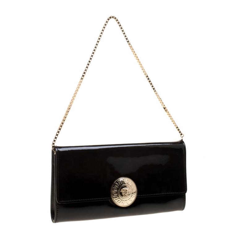 Pre Owned Versace Black Patent Leather  Medusa Logo Chain Clutch