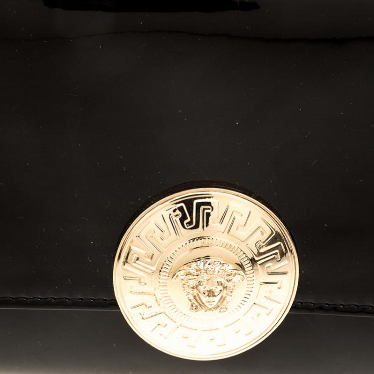 Pre Owned Versace Black Patent Leather  Medusa Logo Chain Clutch
