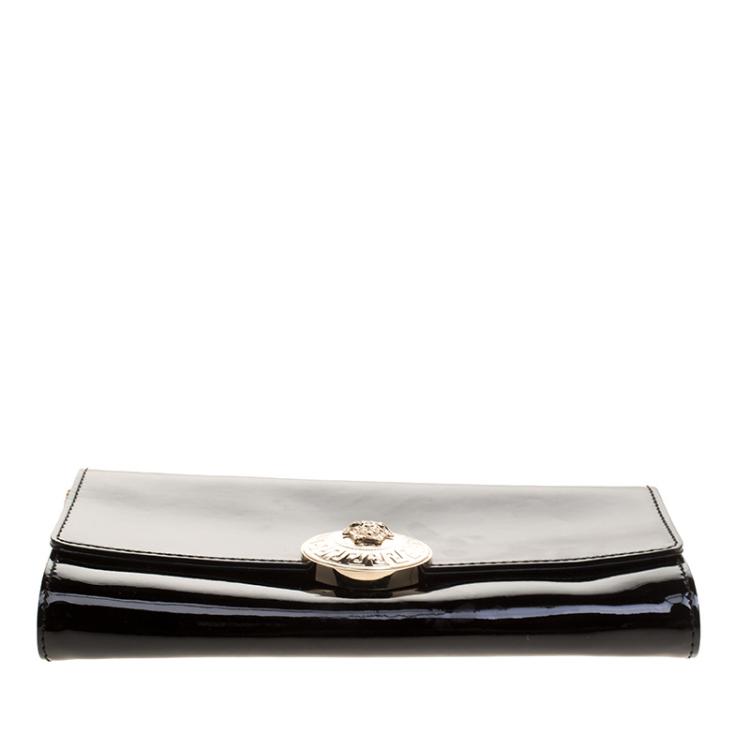 Pre Owned Versace Black Patent Leather  Medusa Logo Chain Clutch
