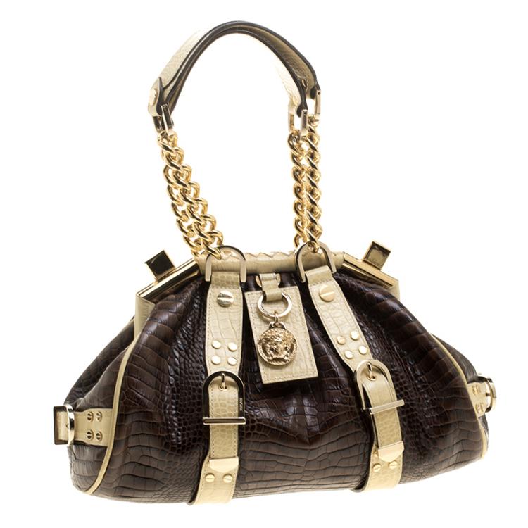 Pre Owned Versace Brown/Cream Croc Embossed Leather Madonna Boston Bag