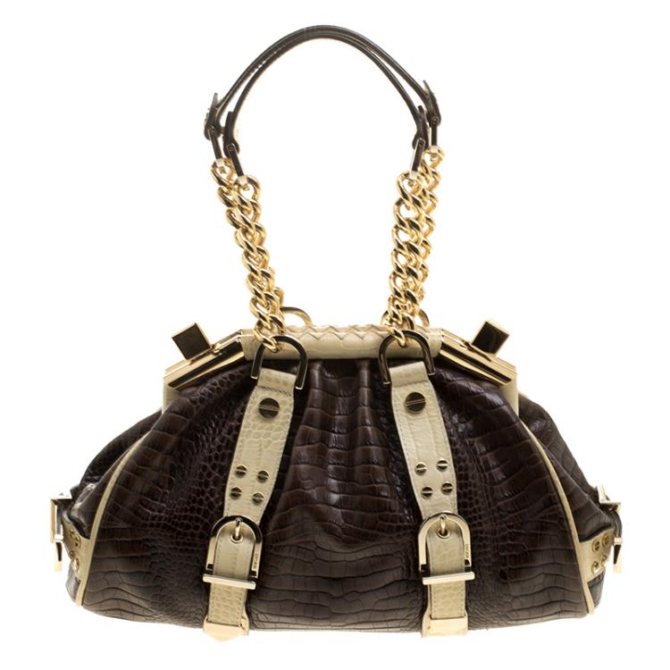 Pre Owned Versace Brown/Cream Croc Embossed Leather Madonna Boston Bag