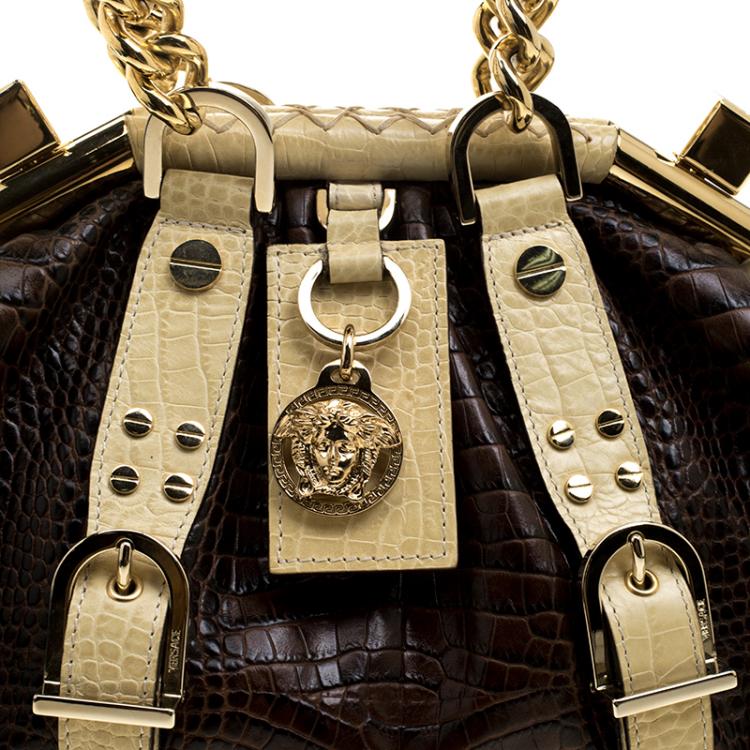 Pre Owned Versace Brown/Cream Croc Embossed Leather Madonna Boston Bag
