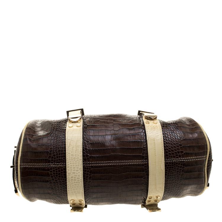 Pre Owned Versace Brown/Cream Croc Embossed Leather Madonna Boston Bag