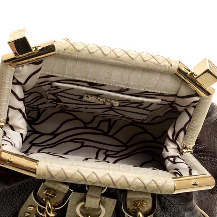 Pre Owned Versace Brown/Cream Croc Embossed Leather Madonna Boston Bag