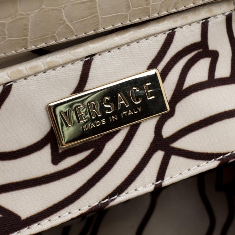 Pre Owned Versace Brown/Cream Croc Embossed Leather Madonna Boston Bag