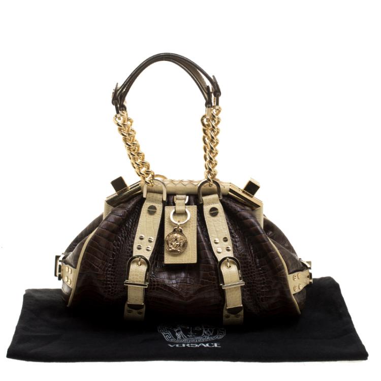 Pre Owned Versace Brown/Cream Croc Embossed Leather Madonna Boston Bag