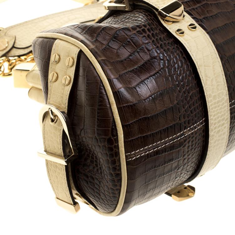 Pre Owned Versace Brown/Cream Croc Embossed Leather Madonna Boston Bag