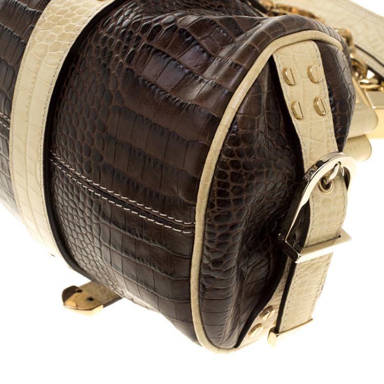 Pre Owned Versace Brown/Cream Croc Embossed Leather Madonna Boston Bag