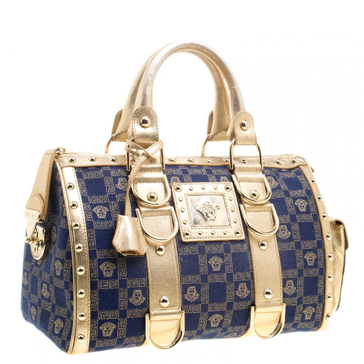 Pre Owned Versace Blue/Gold Fabric and Leather Snap Out Of It Satchel