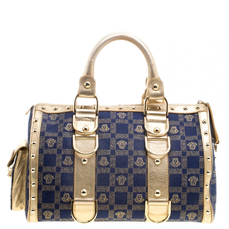 Pre Owned Versace Blue/Gold Fabric and Leather Snap Out Of It Satchel