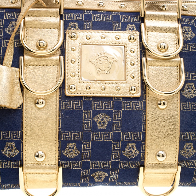 Pre Owned Versace Blue/Gold Fabric and Leather Snap Out Of It Satchel