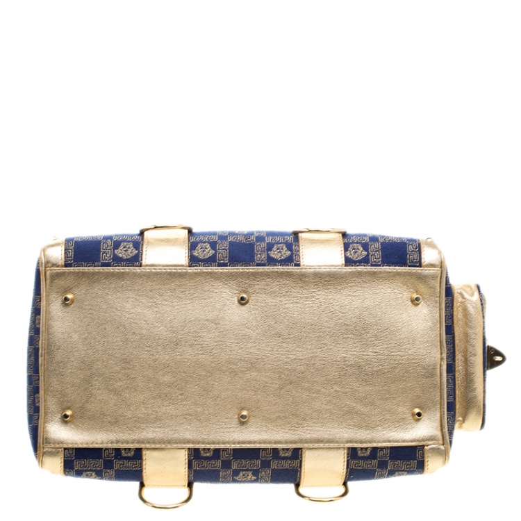 Pre Owned Versace Blue/Gold Fabric and Leather Snap Out Of It Satchel