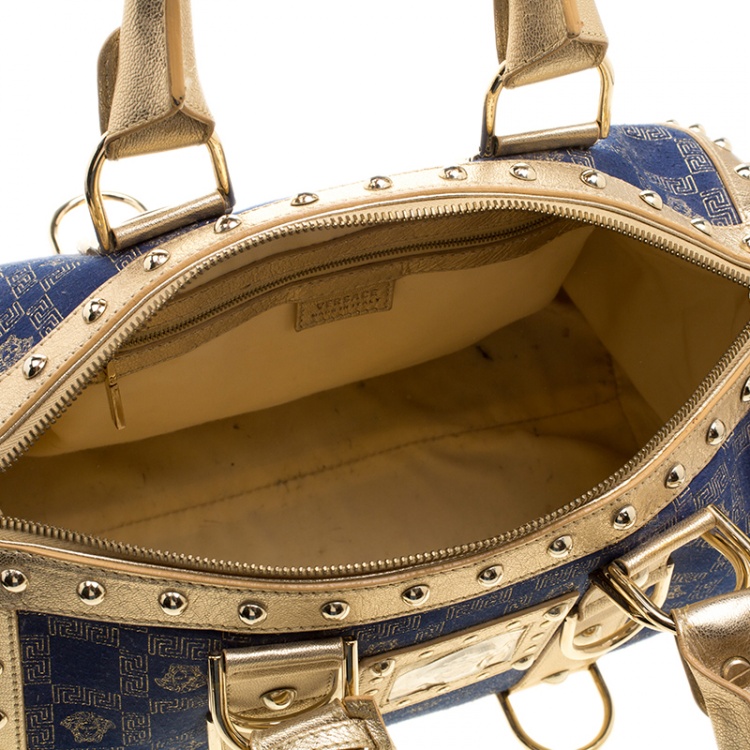 Pre Owned Versace Blue/Gold Fabric and Leather Snap Out Of It Satchel