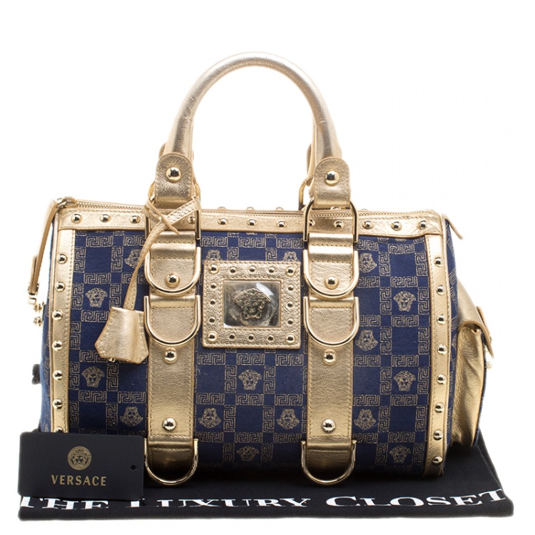 Pre Owned Versace Blue/Gold Fabric and Leather Snap Out Of It Satchel