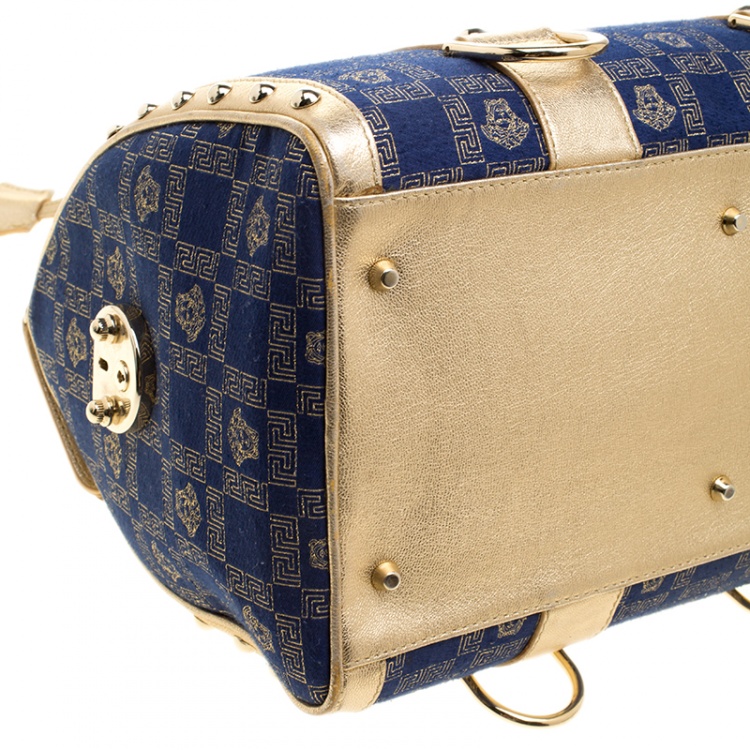 Pre Owned Versace Blue/Gold Fabric and Leather Snap Out Of It Satchel