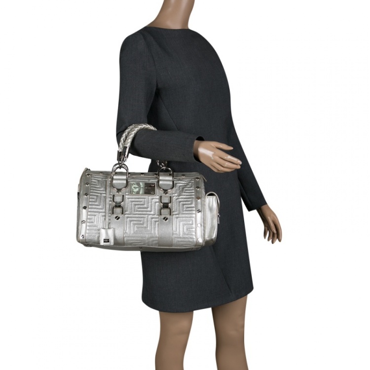 Pre Owned Versace Silver Quilted Patent Leather Snap Out Of It Satchel