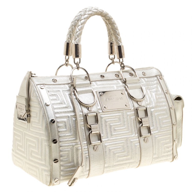 Pre Owned Versace Silver Quilted Patent Leather Snap Out Of It Satchel