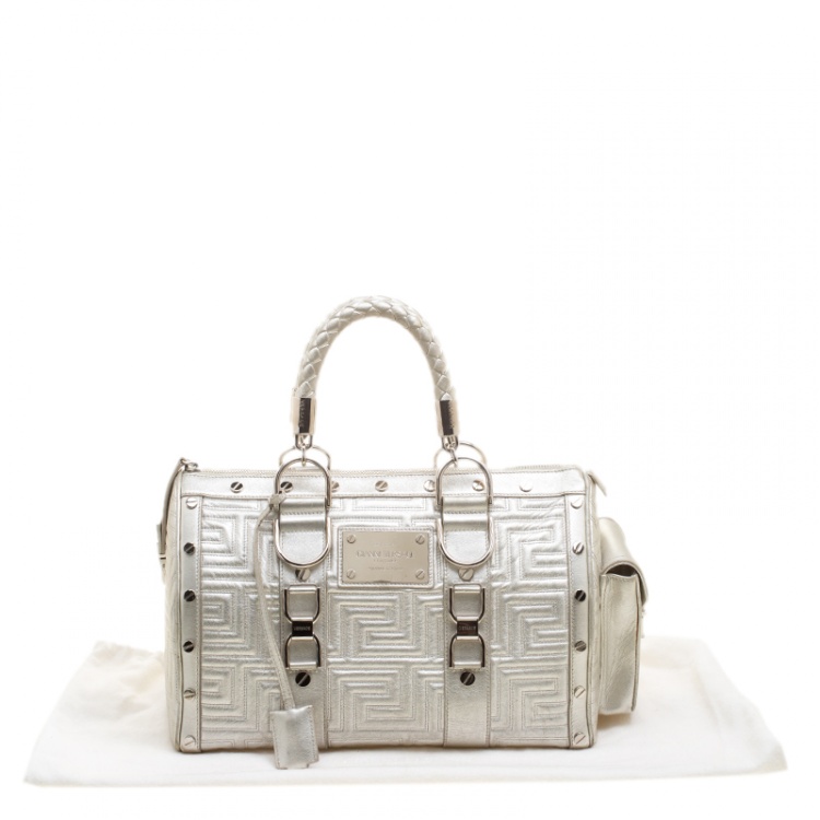 Pre Owned Versace Silver Quilted Patent Leather Snap Out Of It Satchel