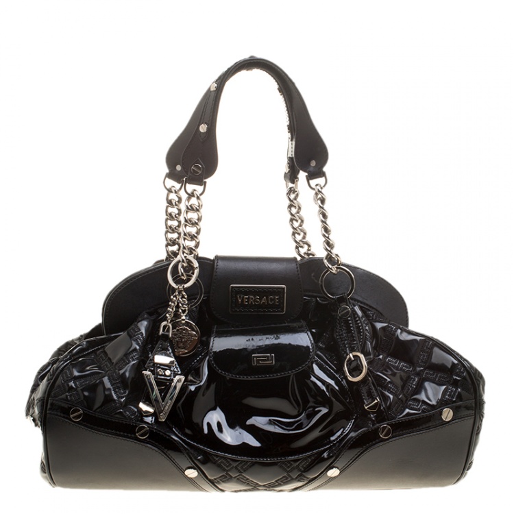 Pre Owned Versace Black Patent Leather Chain Link Satchel  