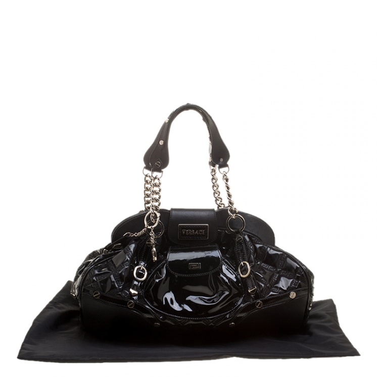 Pre Owned Versace Black Patent Leather Chain Link Satchel  