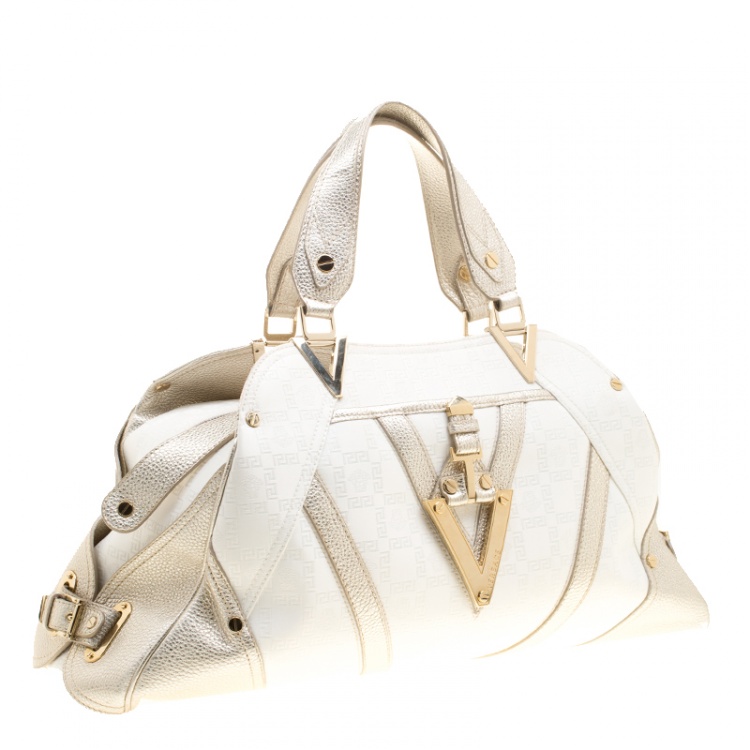 Pre Owned Versace White/Light Gold Canvas and Leather Satchel 
