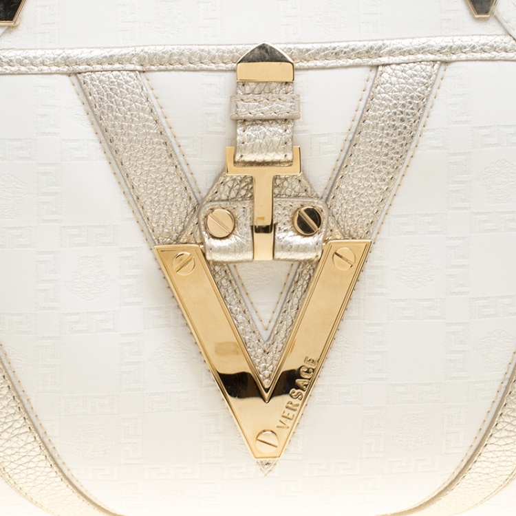 Pre Owned Versace White/Light Gold Canvas and Leather Satchel 