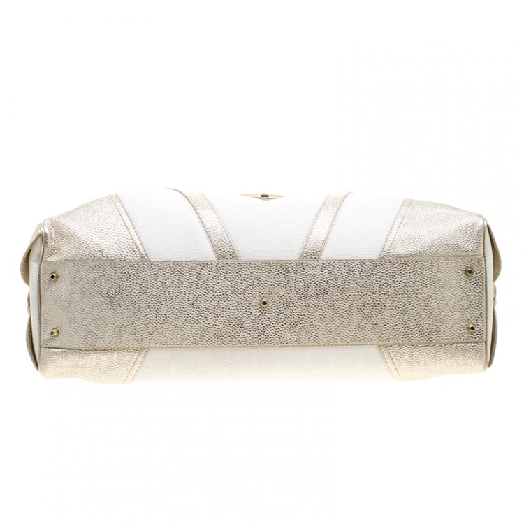 Pre Owned Versace White/Light Gold Canvas and Leather Satchel 