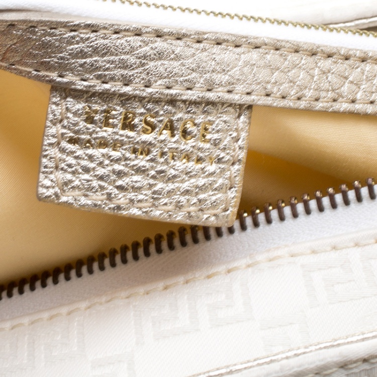 Pre Owned Versace White/Light Gold Canvas and Leather Satchel 
