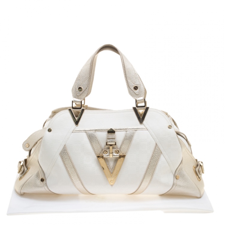 Pre Owned Versace White/Light Gold Canvas and Leather Satchel 