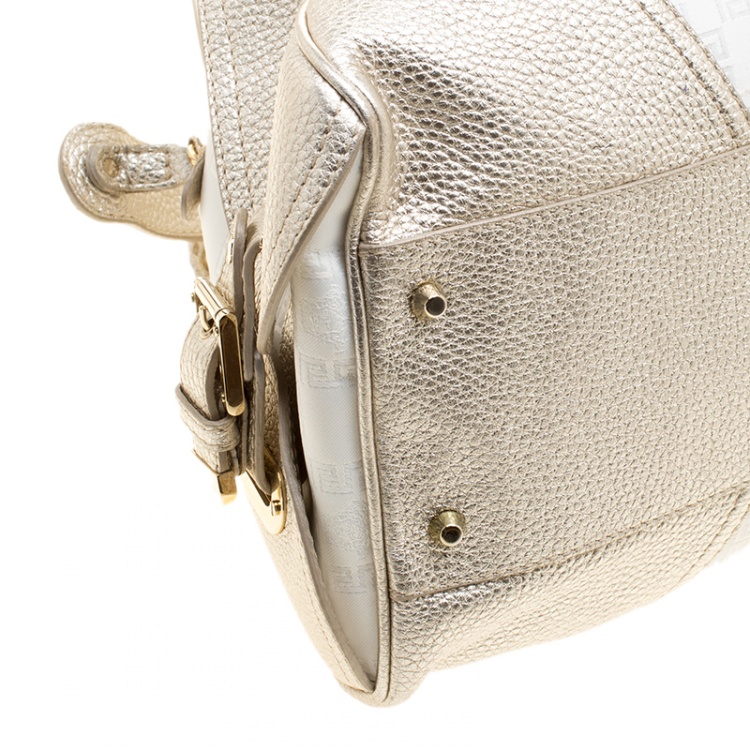Pre Owned Versace White/Light Gold Canvas and Leather Satchel 