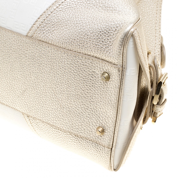 Pre Owned Versace White/Light Gold Canvas and Leather Satchel 
