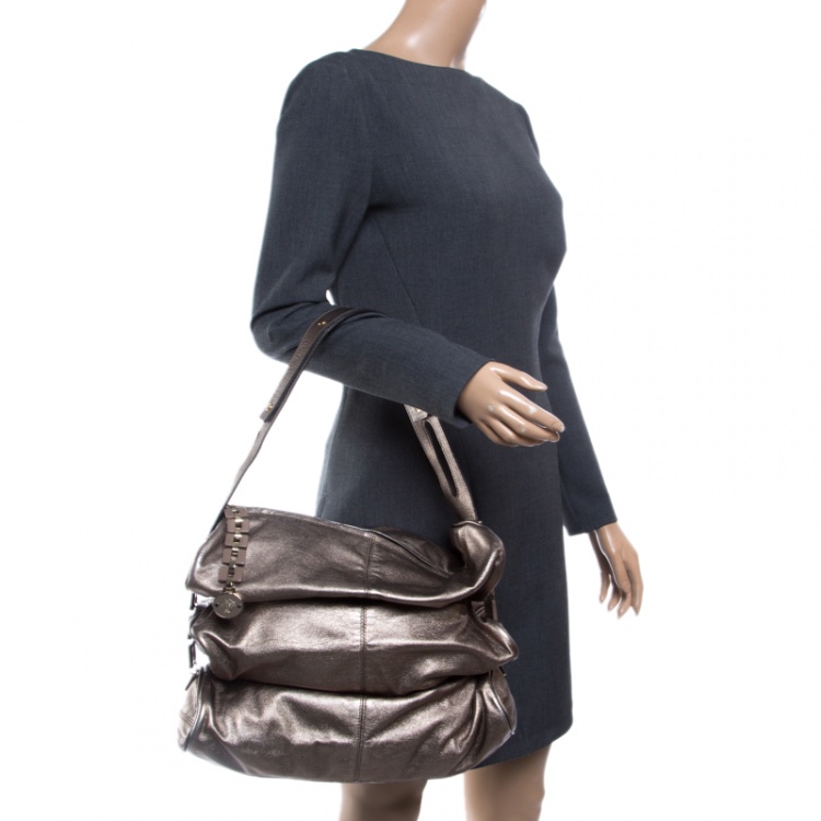 Pre Owned Versace Metallic Grey Leather Hobo