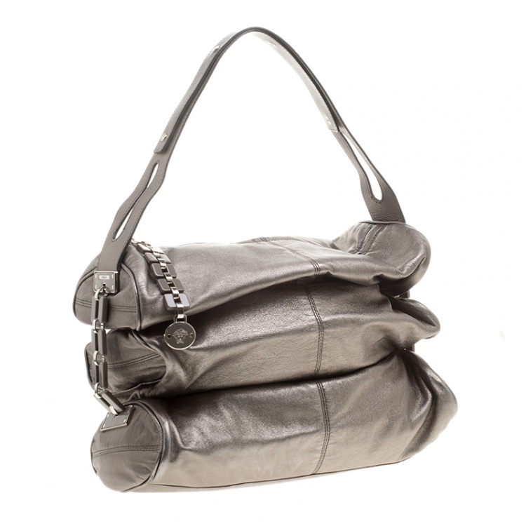 Pre Owned Versace Metallic Grey Leather Hobo