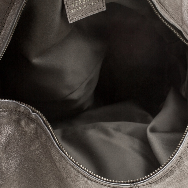 Pre Owned Versace Metallic Grey Leather Hobo