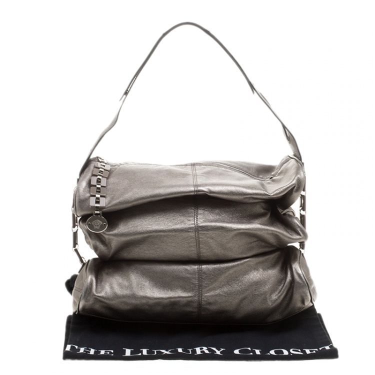 Pre Owned Versace Metallic Grey Leather Hobo