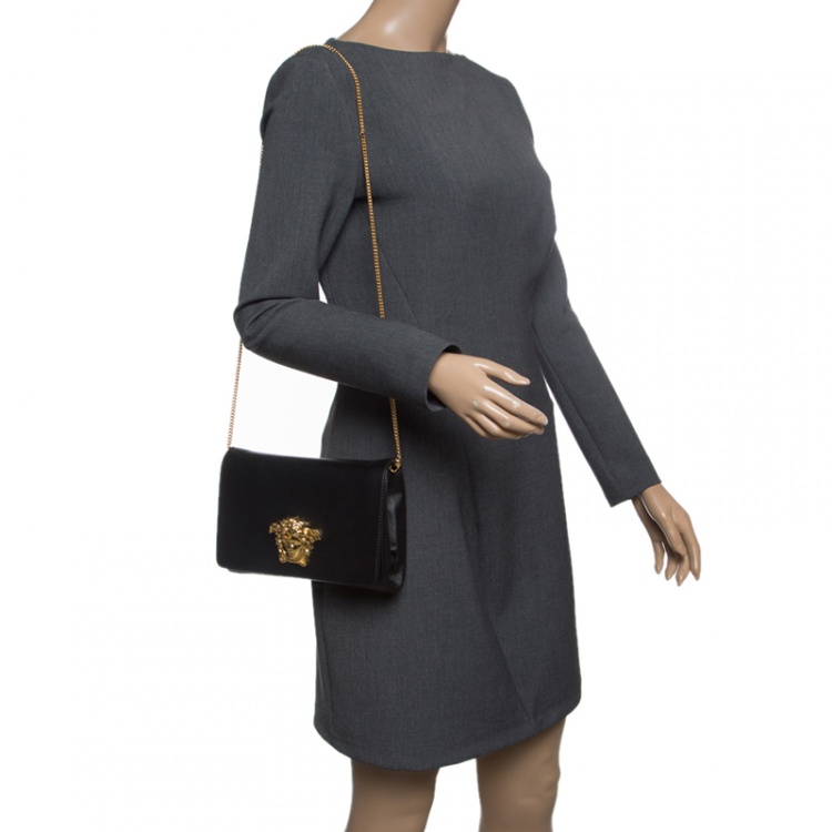 Pre Owned Versace Black Leather Evening Palazzo Chain Clutch 