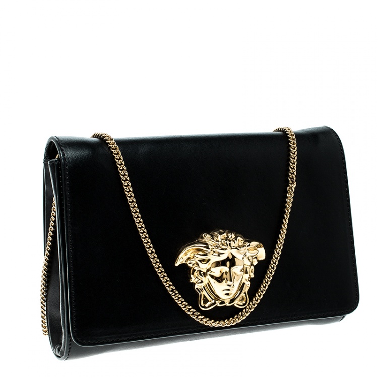 Pre Owned Versace Black Leather Evening Palazzo Chain Clutch 
