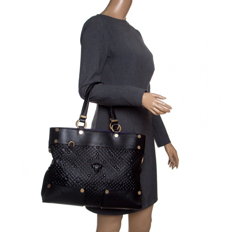 Pre Owned Versace Black Textured Leather Medusa Tote