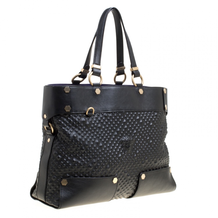 Pre Owned Versace Black Textured Leather Medusa Tote