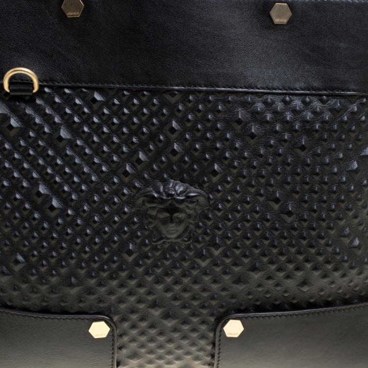 Pre Owned Versace Black Textured Leather Medusa Tote