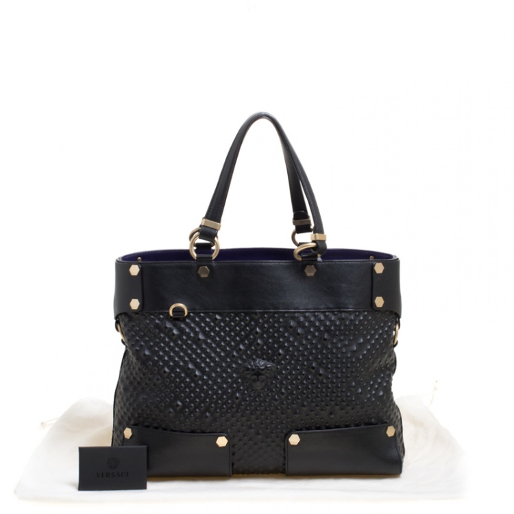Pre Owned Versace Black Textured Leather Medusa Tote