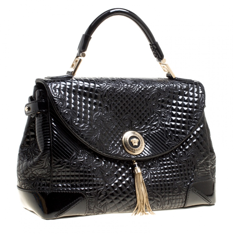 Pre Owned Versace Black Patent Leather Altea Top Handle Bag