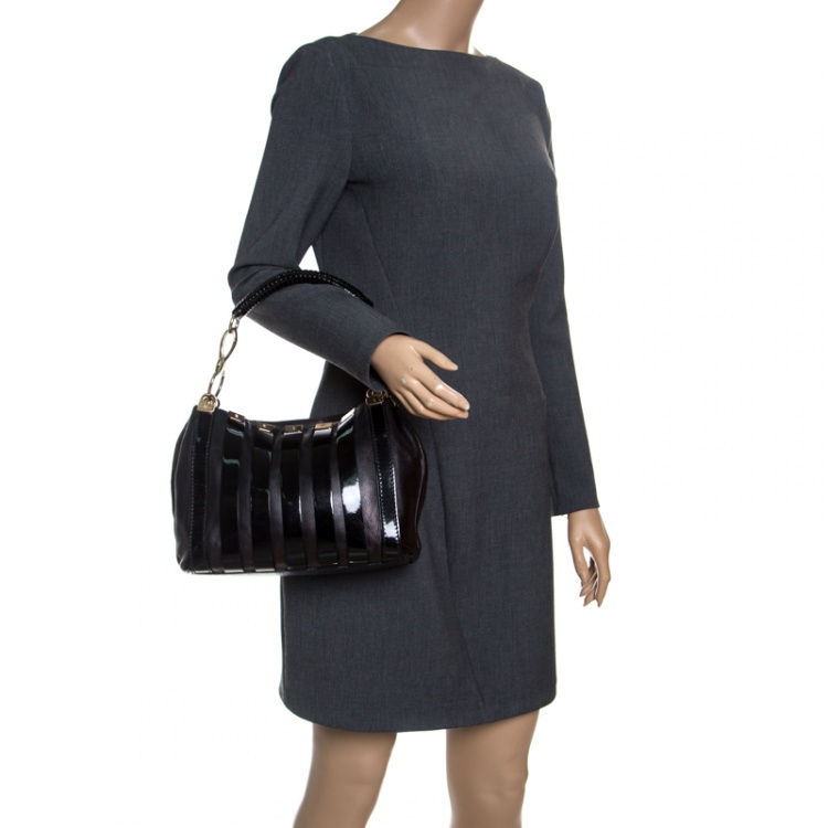 Pre Owned Versace Black Leather and Patent Stripe Logo Shoulder Bag