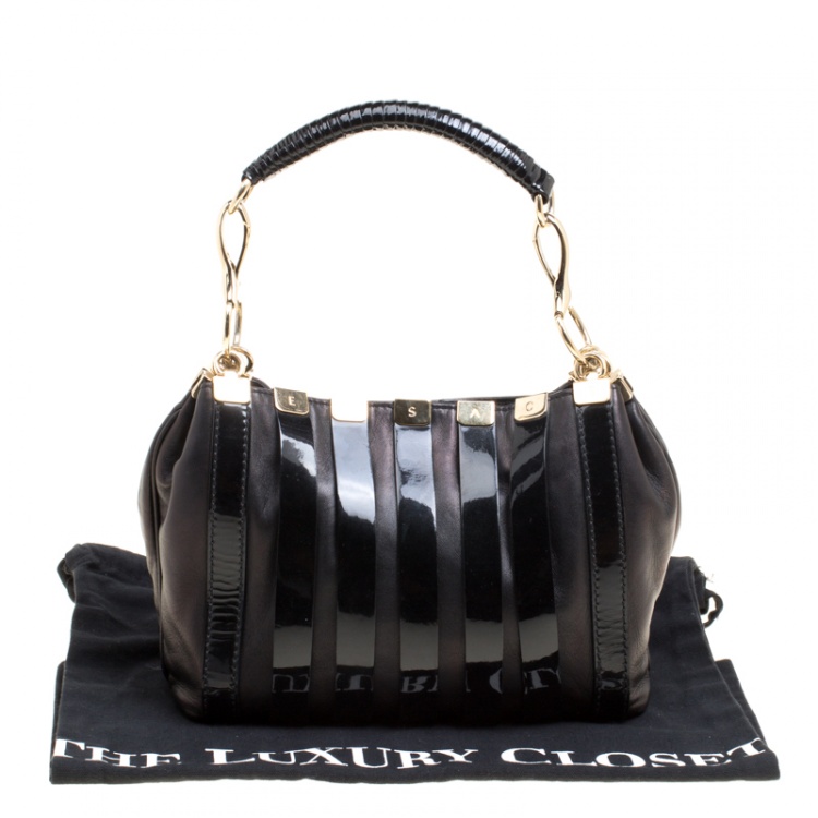 Pre Owned Versace Black Leather and Patent Stripe Logo Shoulder Bag