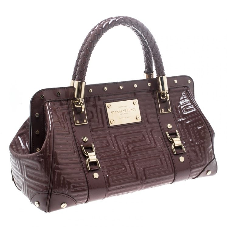 Pre Owned Versace Dark Beige Quilted Patent Leather Snap Out of It Satchel 