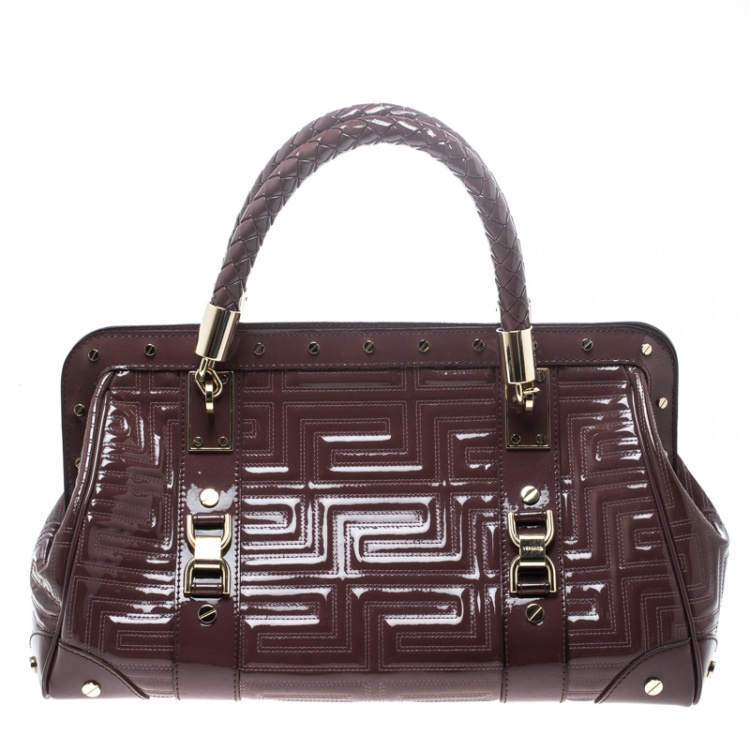 Pre Owned Versace Dark Beige Quilted Patent Leather Snap Out of It Satchel 