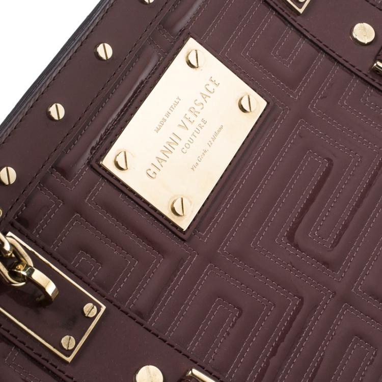 Pre Owned Versace Dark Beige Quilted Patent Leather Snap Out of It Satchel 