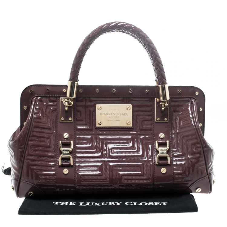 Pre Owned Versace Dark Beige Quilted Patent Leather Snap Out of It Satchel 