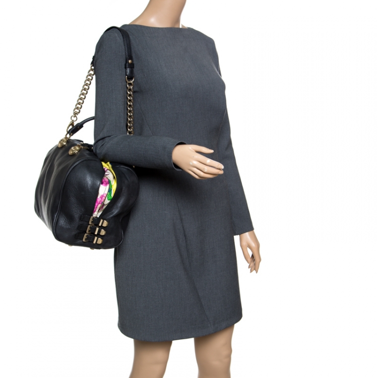 Pre Owned Versace Black Leather and Floral Print Fabric Top Handle Bag